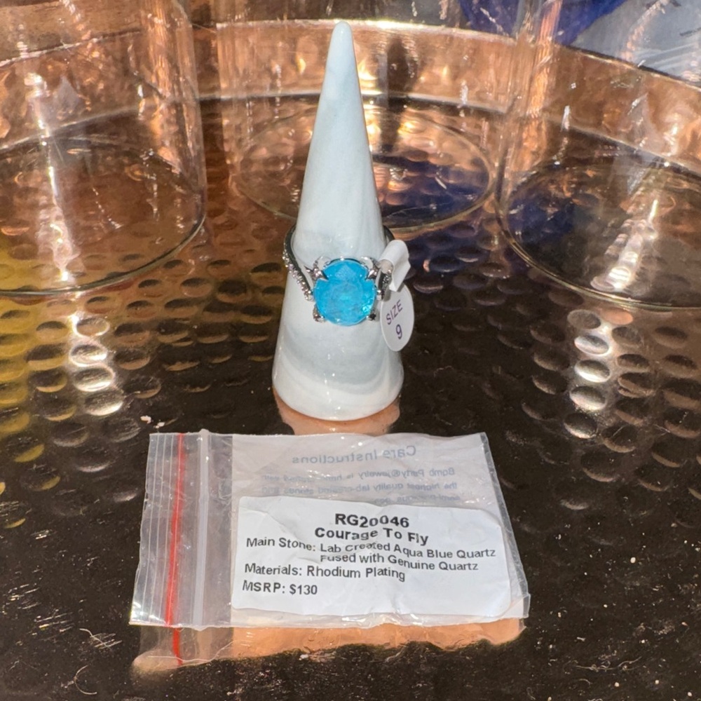 Courage To Fly Lab Created Aqua Blue Quartz Fuzed with Genuine Quarts Ring